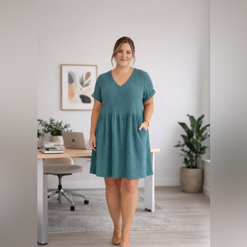 Serra Teal Cotton Gauze Babydoll Dress Size M V-Neck Short Sleeve Casual Work